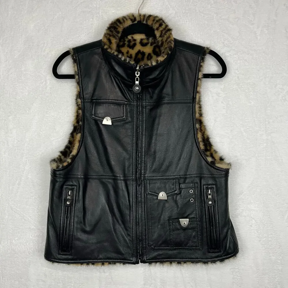 Jamie Sadock Black Leather and Leopard Faux Fur Reversible Zip up Vest Medium - Picture 1 of 16